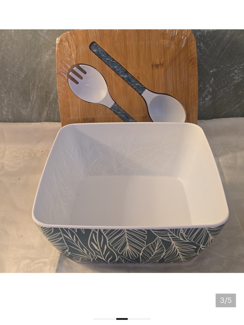 True Living Melamine Serving Bowl Bamboo-Lid Green Leaf with Serving Utensils - Picture 3 of 5